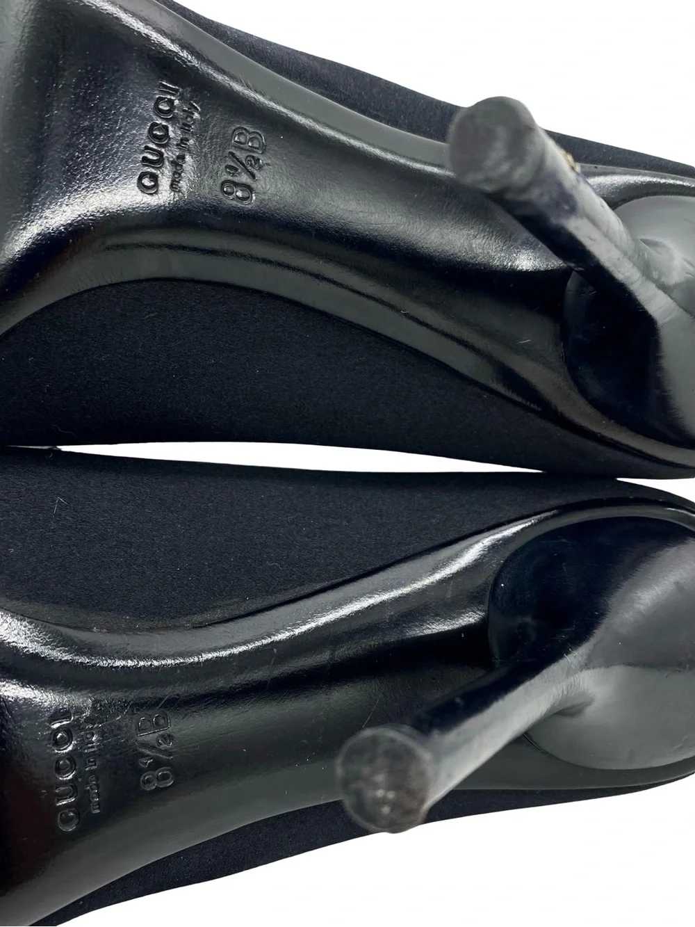 Gucci Black Satin Horsebit Peep Toe Pumps Size 8.5
